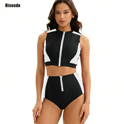 Female Two Pieces Crop Top Bikini Tankini Sets Color Block Zip Front Summer Push Up Swimsuit Bathing Suits High Waist Tankini