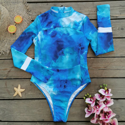 Women's Vintage Design Long Sleeve Rash Guard Surfing Suit Print Push Zip Up One Piece Swimsuit Sport Swimwear Beachwear Bodysuit