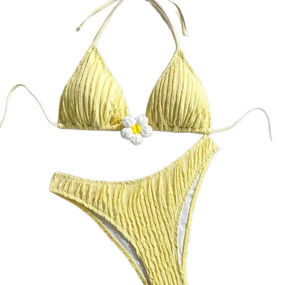 Bikini European and American solid color small flower thin suspender three-point swimsuit