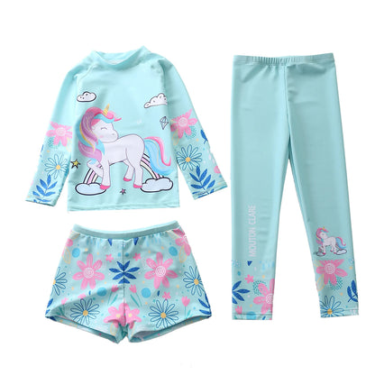 Kids Swimsuit for Girls Unicorn Long Sleeve Children's Swimwear + Surf Pants + Swimming Trunks Rash Guard Bathing Suit Child