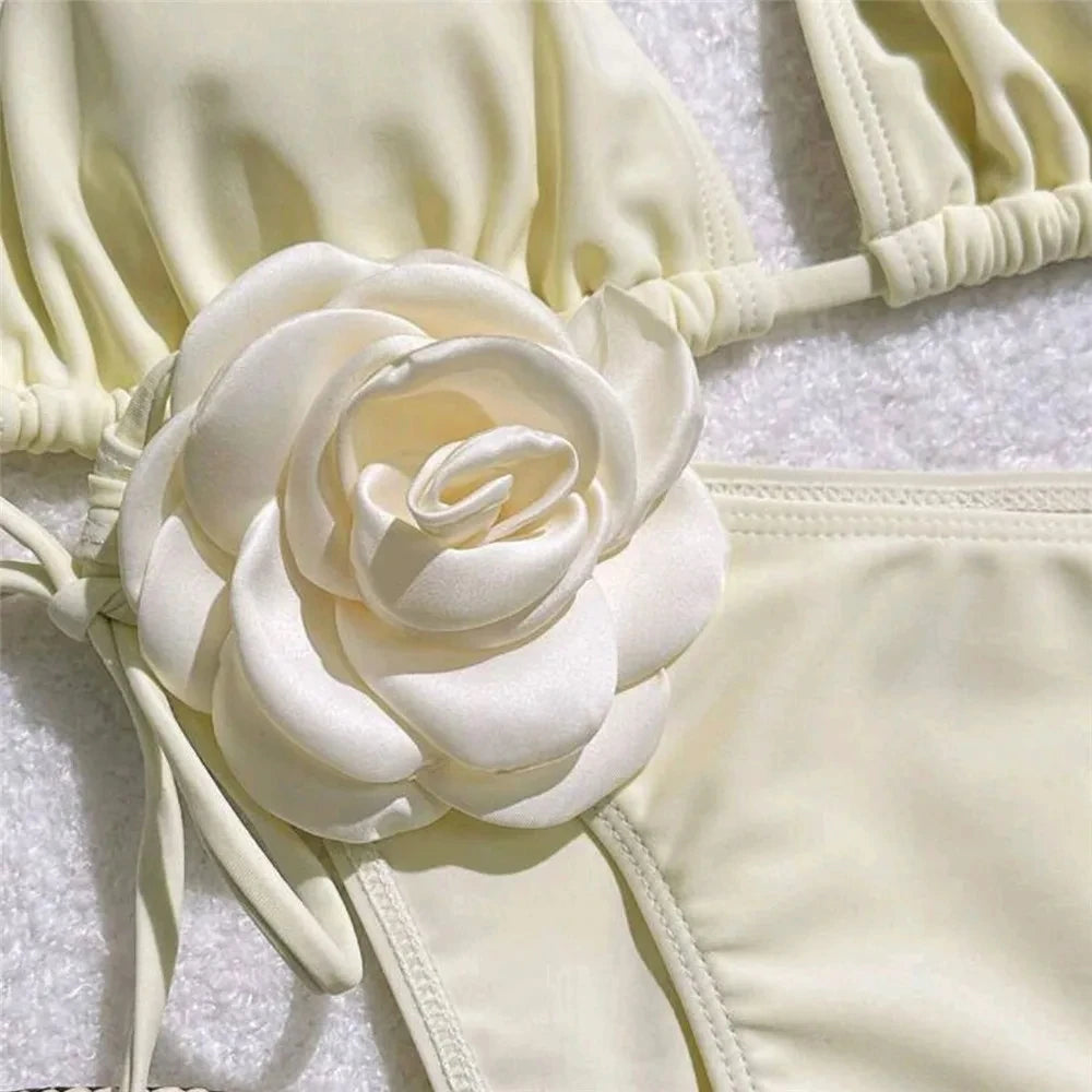 Flower Bandeau Swimwear Thong Bikini Women Lace-up Swimsuits Swimming Bathing Suit Brazilian Bikinis Set