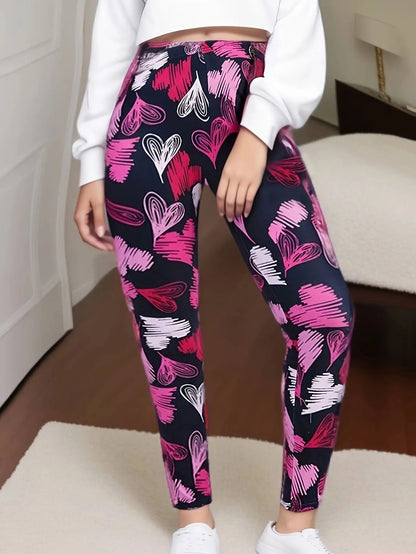 Plus Size Red And White Heart-Shaped Sports High Elasticity Casual Simple Cropped Pants