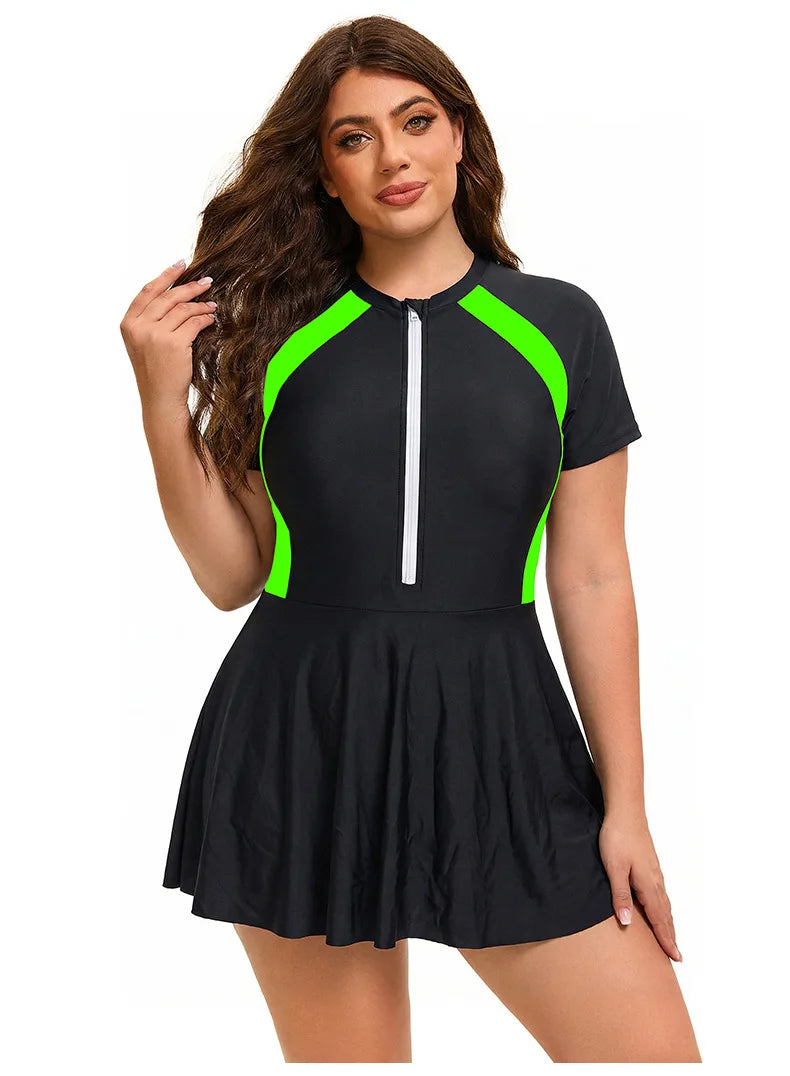Women's Plus Size Color block Swimwear One Piece Swimsuit Full Zip Short Sleeve Rash Guard UPF 50+ Beach Bathing Suit Beachwear