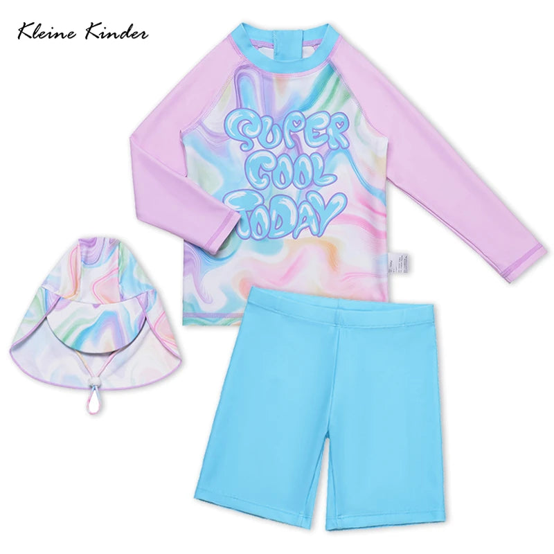 Girls' Long-Sleeve Rash Guard Set with Shorts & Cap