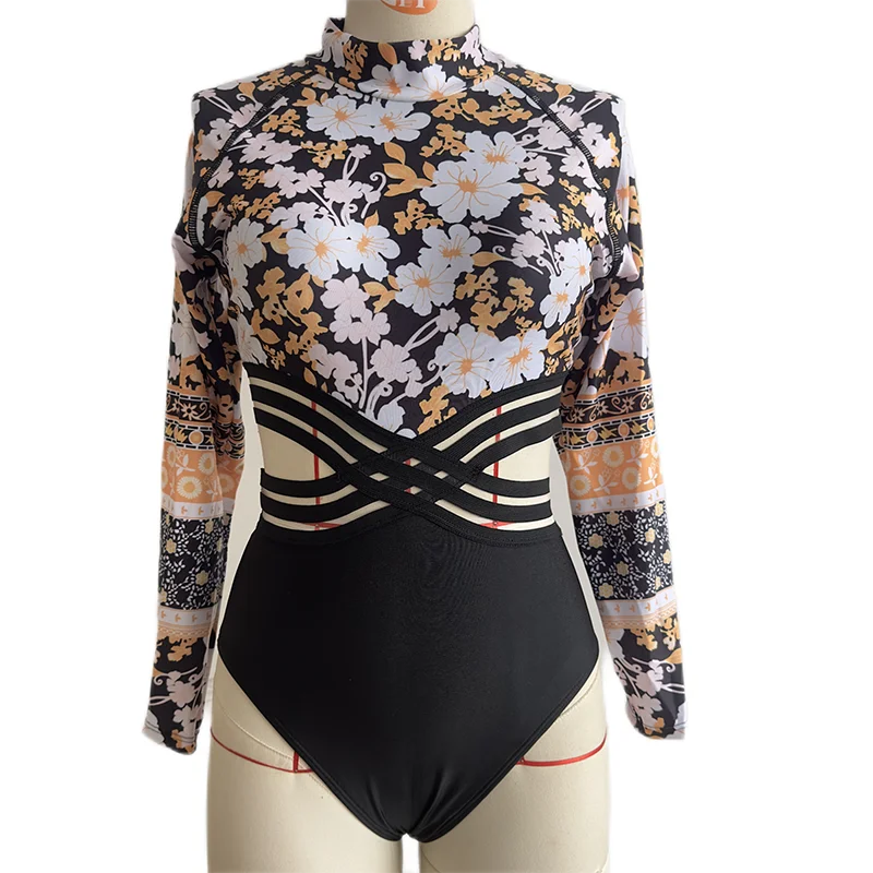 Long Sleeve Swimwear One Piece Cover Up Swimsuits Print Floral Bodysuit Hollow Out Bikinis Beach Bathing Bikini Set Beachwear