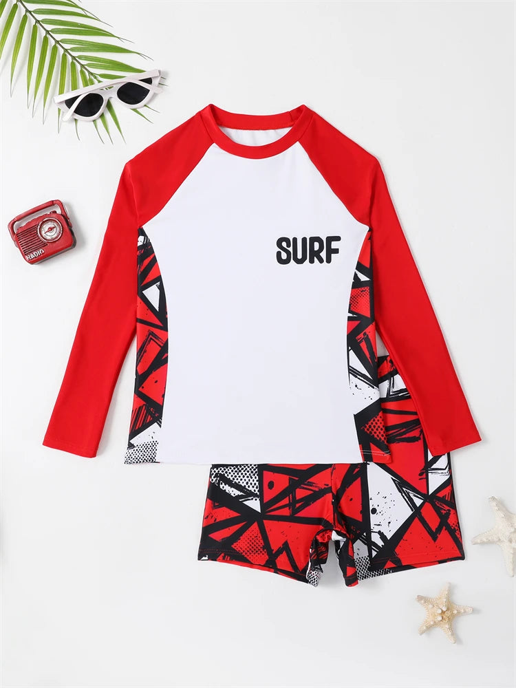 Boy Swimsuit Geometry Print Long Sleeve Children Swimwear Summer Two Piece Kids Beach Wear Swimming Bathing Suit Men's