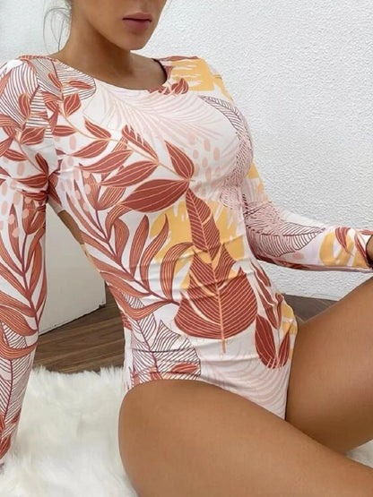 Tropical Leaf Print Long Sleeve Swimsuit One Piece Hollow Out Cross Swimwear Women Bathing Suit Padded Beachwear Swimming Summer