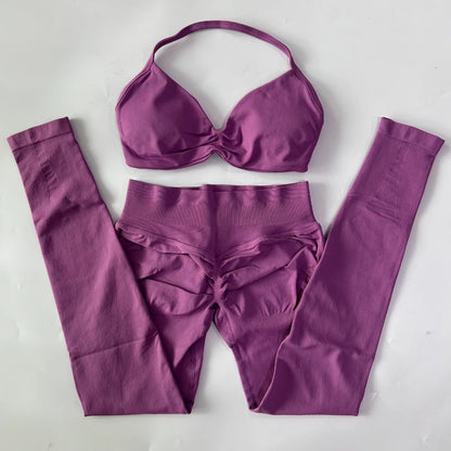 2 Pieces Set For Woman Strappy Yoga Bra Sports Top Workout Leggings Set Seamless Gym Set Fitness Clothes Outfit Activewear