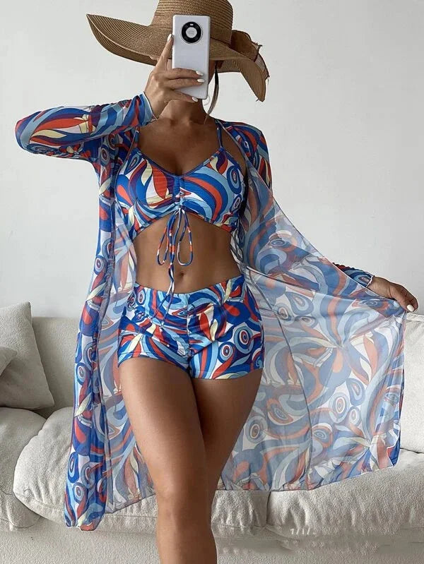 Summer Print Bikinis Swimwear Female Swimsuit Beachwear Push Up Three-Piece Bikini Set Women Swimming Bathing Suit