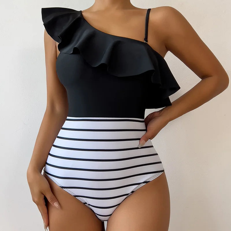 Women's One Piece Swimsuit One Shoulder Black and White Patters  Print Swimwear Fashion Beach Holiday