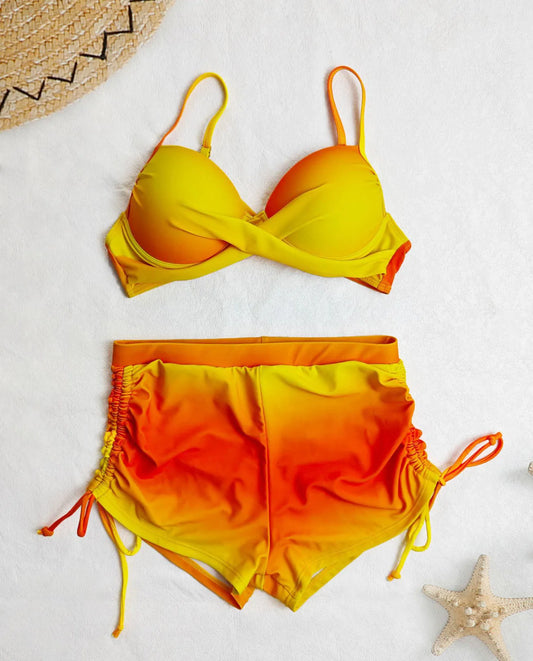Vintage Yellow Gradient Bikini Set Swimwear Women Halter Cross Push Up Padded Bra High Waist Drawstring Side Pants Swimsuit
