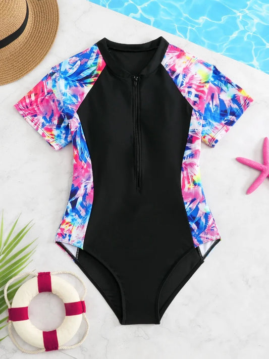 One Piece Kids Girls Swimsuit Black Print Short Sleeve Children Swimwear Summer Monokini Beach Bathing Suits Swimming