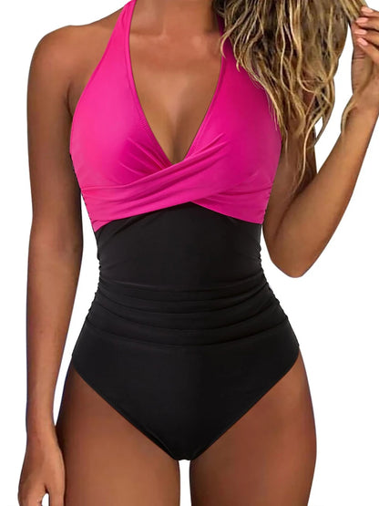 Halter Swimsuit Women One Piece Printed Cross Smocked Swimwear Female Bodysuit Bathing Swimming Suit Padded Beachwear