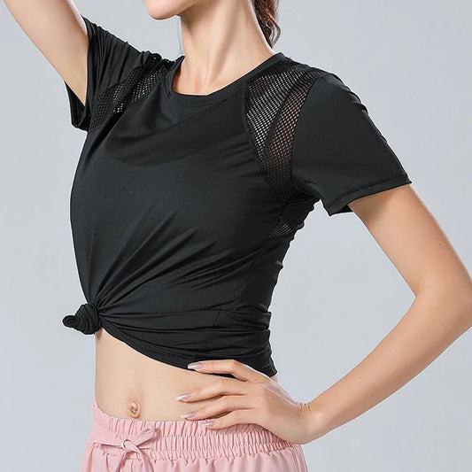 PofyBofy Mesh Stitching Reflective Strip Back Quick Dry Elastic Breathable Basic Short Sleeve Yoga T-shirt Women Gym Fitness Top