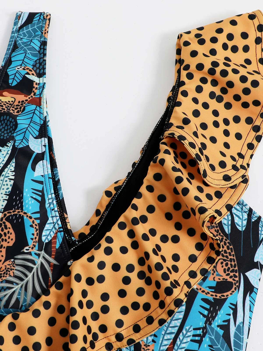Feather Leaf Cheetah Printed One Piece Swimsuit Ruffle Swimwear Women Padded Bathing Swimming Suit Female Summer Bodysuit