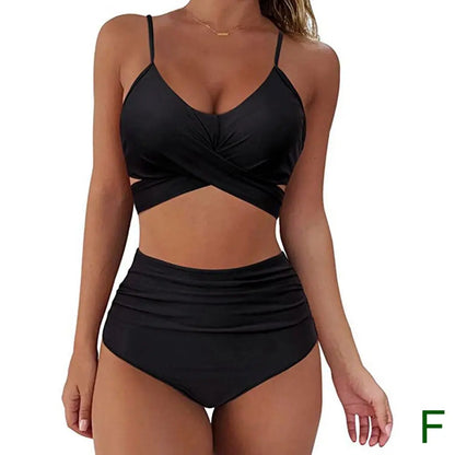 Bikini Two Piece Suit Cross Front Slim High Waisted Bottom Solid/Print Breathable Quick Drying Beachwear