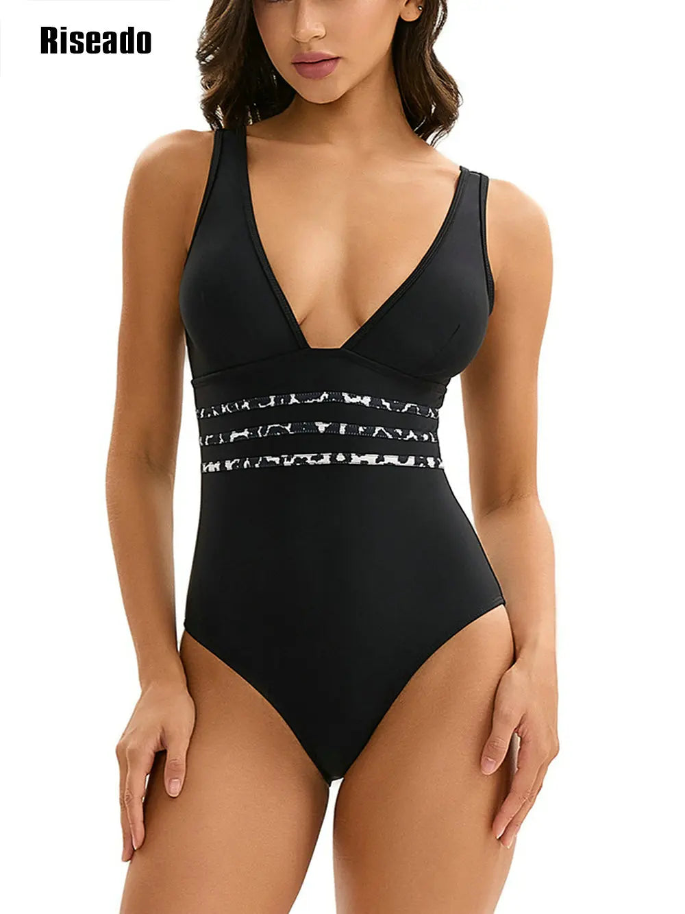 Women's One Piece Swimsuit Plunging Neck High Waist Bathing Suit Cutout Back Ruched Swimwear