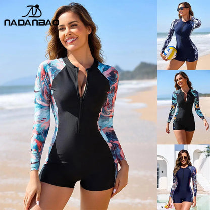 Nadanbao Plant Leaf Printing One-Piece Swimsuit Women's Spring Black Slim Surf Suit Swimwear Long Sleeve Zipper Ladies Bodysuits