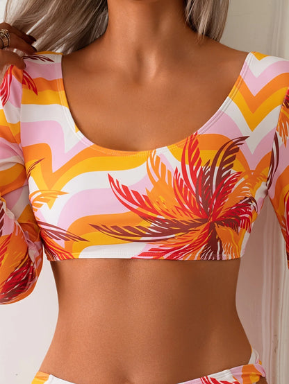 Vintage Orange Floral Print Bikini Set Swimwear Women Sunscreen Long Sleeves Back Cross Push Up Top High Waist Swimsuit XXL