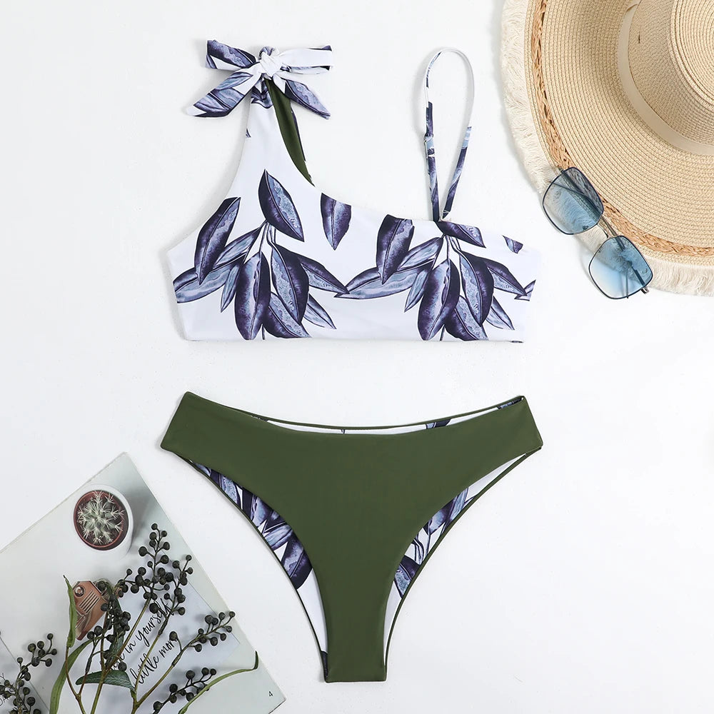 Asymmetric Print String Bikini Set Swimsuit Women Swimwear Female Bathers Bathing Swimming Swim Suit Beachwear Summer