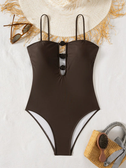 Vintage Coffee One Piece Swimsuit Women Hollow Out Button Slim Fit Tummy Control Swimwear Beach Bathing Suit Pool Monokini