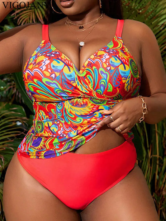 Print 2 Piece Plus Size Tankini Set Women Strapped Push Up Curvy Swimsuit Brazilian Lady Big Bathing Suit