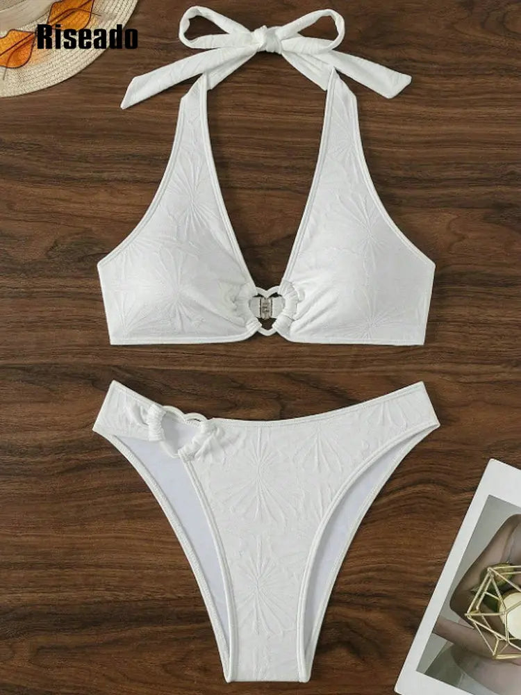 Halter Bikini Set Swimsuit for Women Two Pieces Swimwear Heart Design Pink Biquini