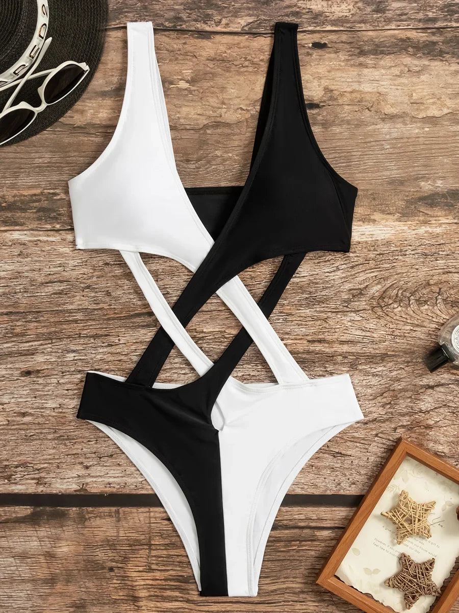Splicing V Neck High Cut Women Swimwear One Piece Swimsuit Female Monokini Cross Bandage Bathing Suit Swim Beach Wear