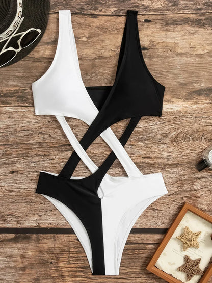 Splicing V Neck High Cut Women Swimwear One Piece Swimsuit Female Monokini Cross Bandage Bathing Suit Swim Beach Wear