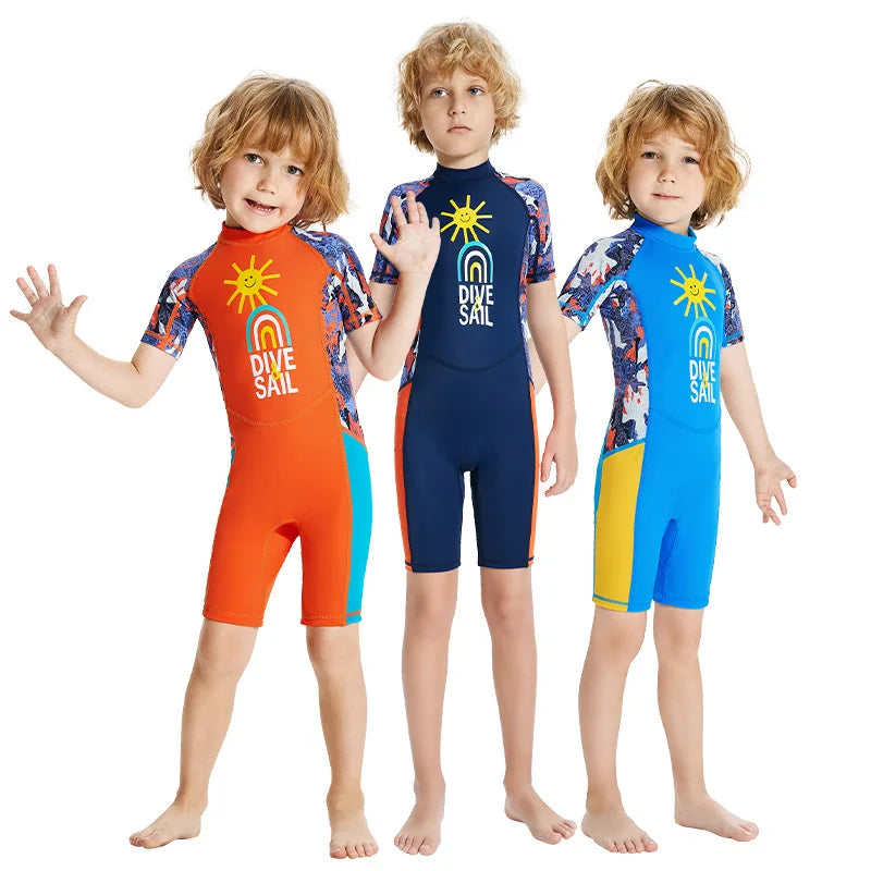 Children's Swimsuit Boys One-Piece Swimsuit Short-Sleeved Beach Sunscreen Professional Training Swimsuit