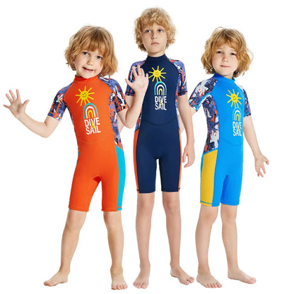 Children's Swimsuit Boys One-Piece Swimsuit Short-Sleeved Beach Sunscreen Professional Training Swimsuit