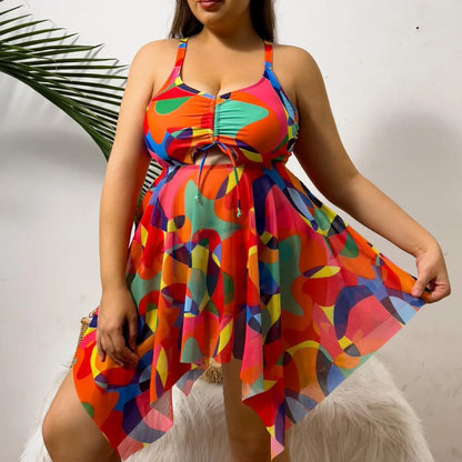 Color Print Strapped 2 Piece Plus Size Tankini Set Women Large High Waist Big Swimsuit Brazilian Lady Curvy Bathing Suit