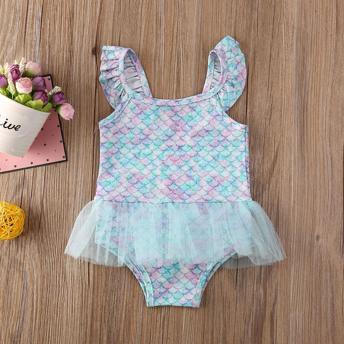 Baby Girls Mermaid Swimwear Fish Scale  Swimsuits Ruffled Sleeveless Bathing Suit with Tutu Skirt