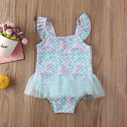 Baby Girls Mermaid Swimwear Fish Scale  Swimsuits Ruffled Sleeveless Bathing Suit with Tutu Skirt