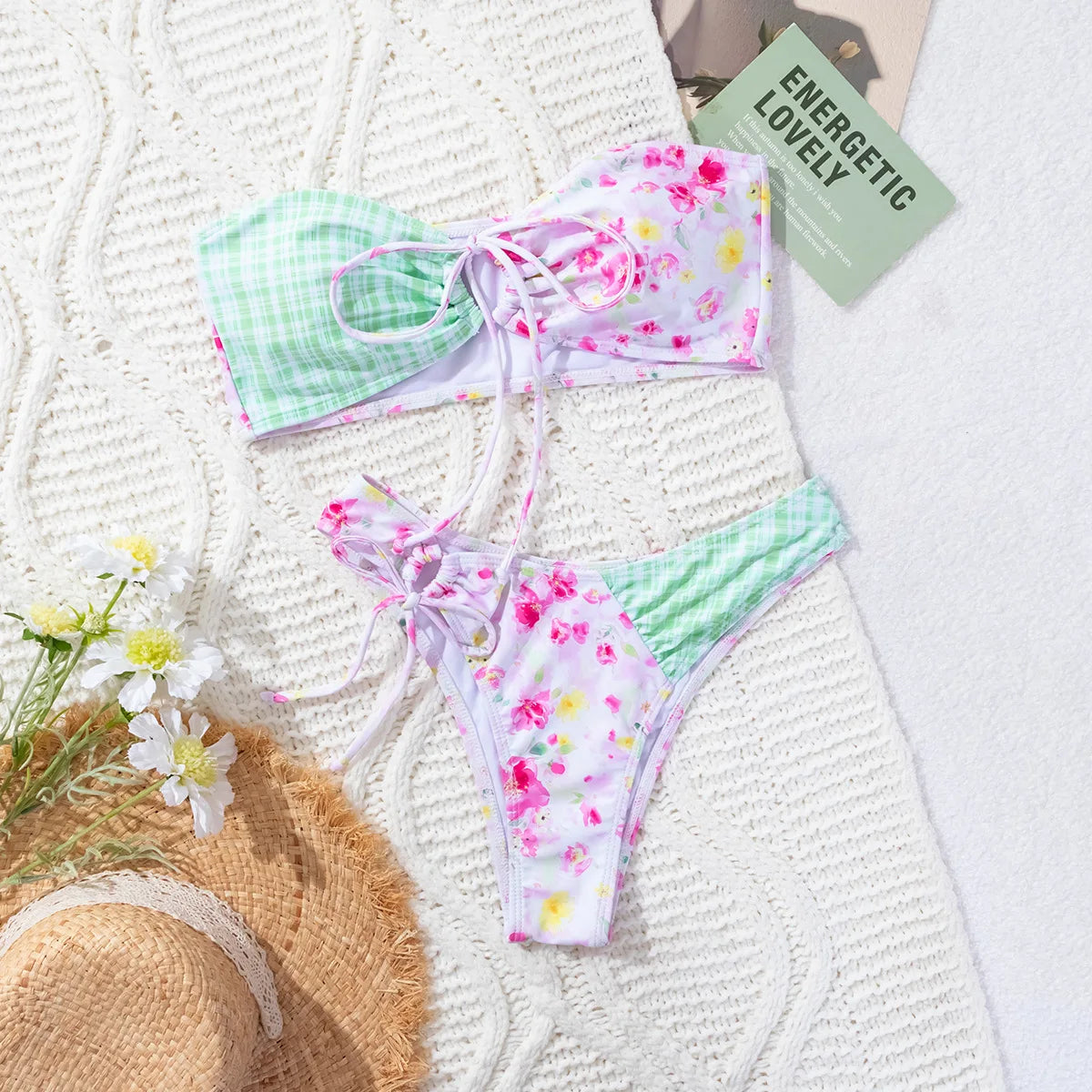 Flower Print Two Piece Swimsuit for Women Summer Strapless Backless Bikini Set Beach Vacation V-neck Backless Swimwear