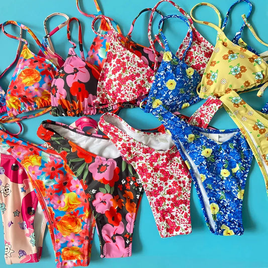 Brazilian Mini Thong Bikini Set Print Swimwear Women Summer Micro Triangle Push Up Bathing Suit Swimsuit Biqiuni