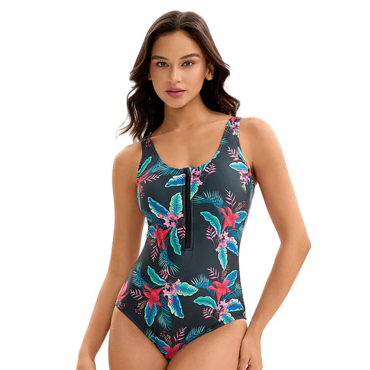 Women Modest One Piece Bathing Suit Short Sleeve Tummy Control Swimsuit Zipper Surfing Athletic Swimwear Leaf Printed