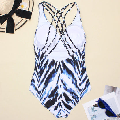 Women Printed One Piece Swimwear Backless Swimsuit V Neck Summer Beach Wear Slimming Bathing Suit S~XXL