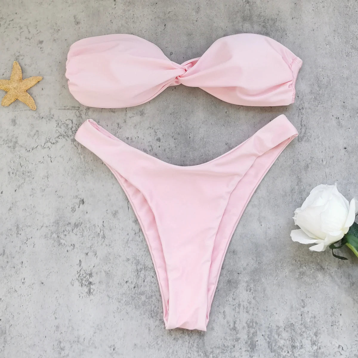 Women's Pink Twist-Front Bandeau Micro Bikini Set