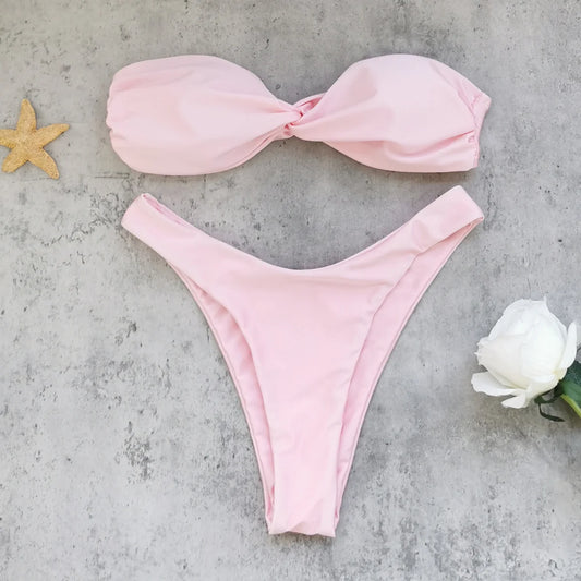 Women's Pink Twist-Front Bandeau Micro Bikini Set