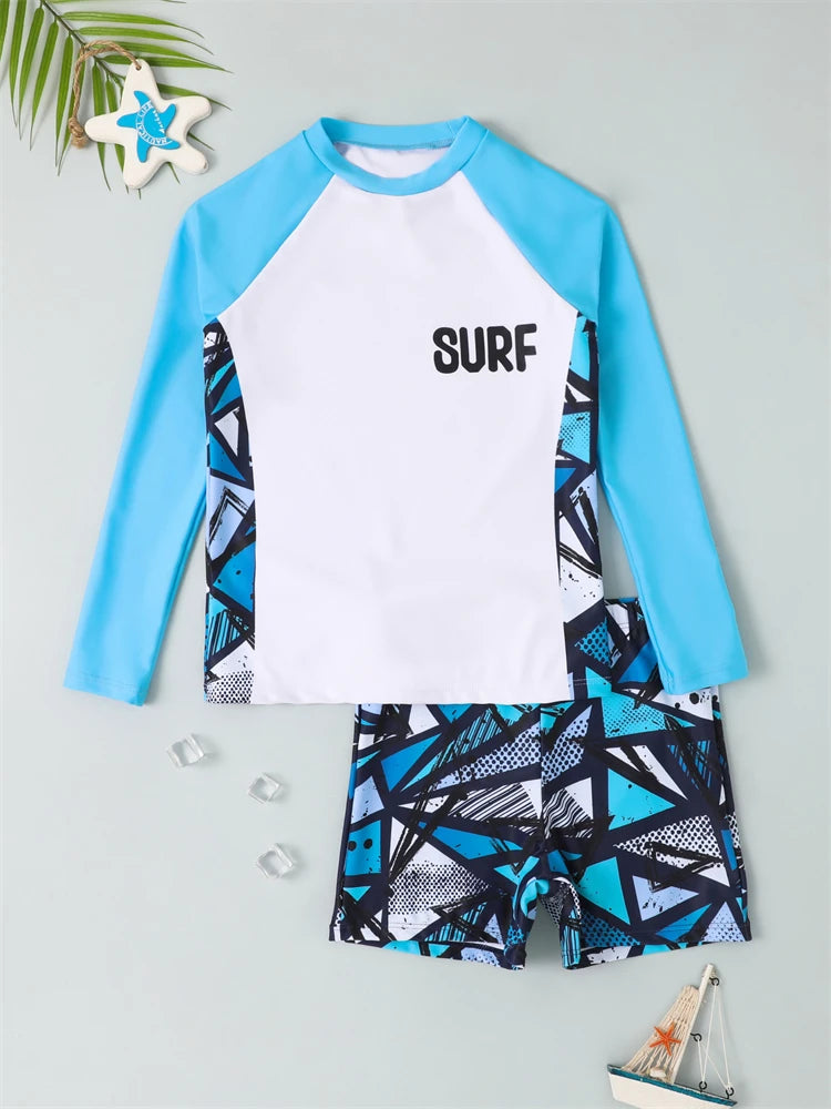 Boy Swimsuit Geometry Print Long Sleeve Children Swimwear Summer Two Piece Kids Beach Wear Swimming Bathing Suit Men's