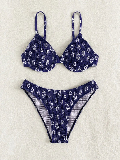 Strappy Bikinis Ribbed Solid Swimsuit Women Push Up Swimwear Female Bathers Bathing Swimming Suit Printed Beachwear Summer