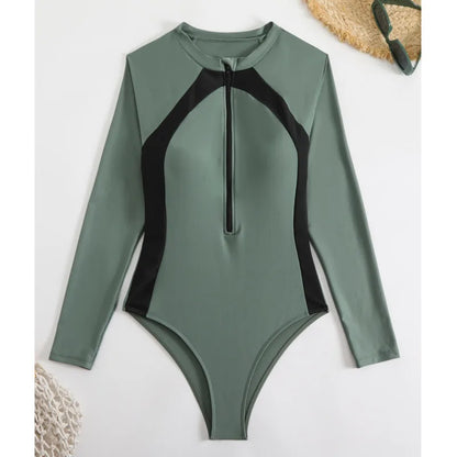 Zipper One Piece Swimsuit Closed Print Long Sleeve Swimwear Sports Surfing Women's Swimming Bathing Suit Beach Bather