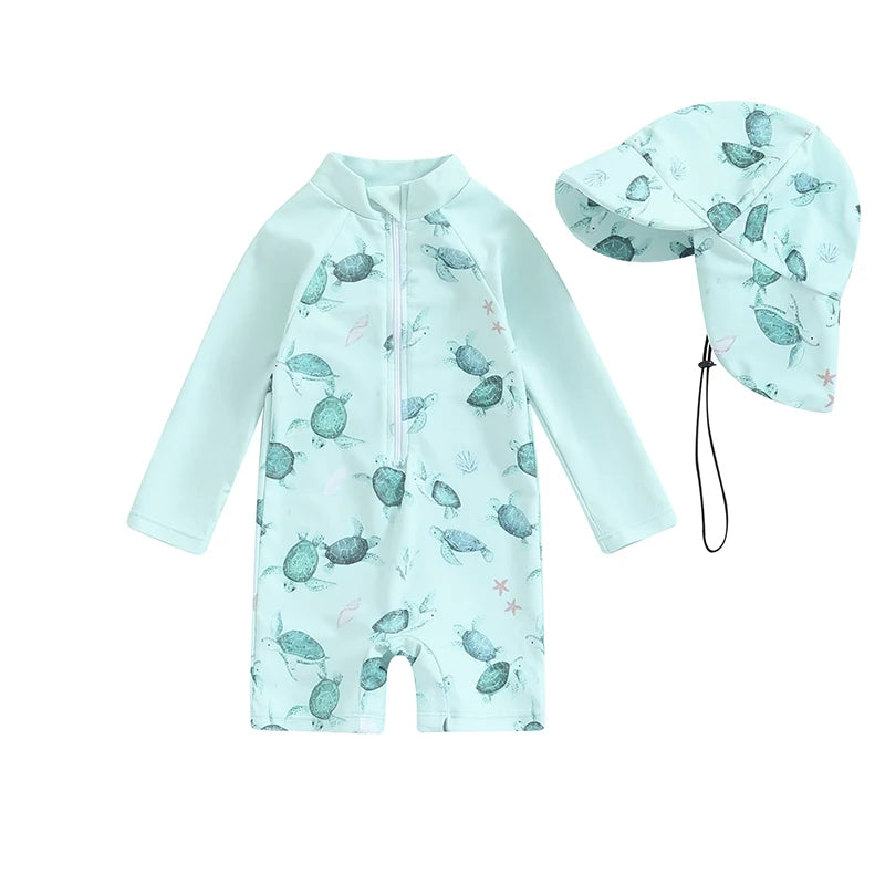Baby Boy Swimwear Set, Whale Print Long Sleeve Rash Guard Swimsuit Sun Hat Toddler Bathing Suit Outfit 0-3T