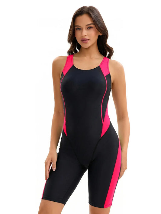 Color Block One Piece Swimsuit Women Sleeveless Boyleg long Rash Guard Backless Surfing Bathing Suit