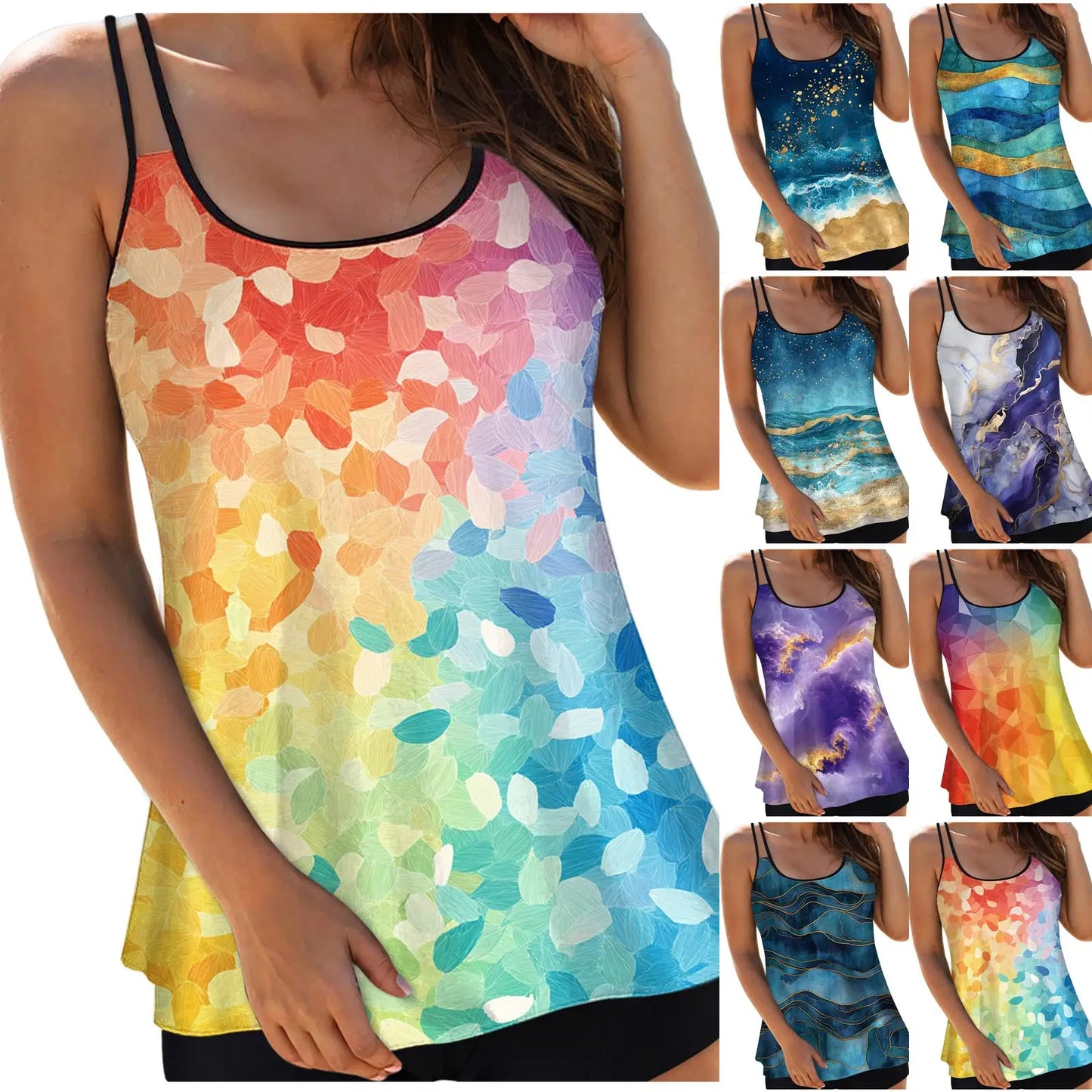 Swimwear Padded Bra Low Waisted Bikini Women'S Spaghetti Strap Tankini Top With Abstract Like Prints Women Women'S Bikinis
