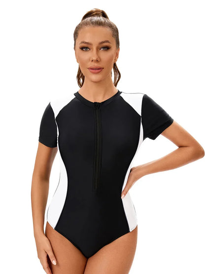 Surfing Suit Shorts Sleeve Sports Swimwear for Women Round Neck Zipper Conservative Patchwork One Piece Swimsuit 2025 Summer New