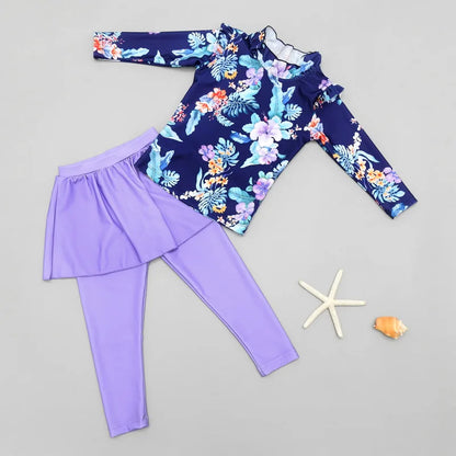 Girls' Long Sleeve Swimming Suit Skirt Style Quick Dry Thermal Sunscreen Swimwear Casual Surf Suit Children's Two Piece Swimsuit