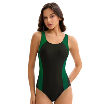 Women's Color Block One Piece Swimsuit Conservative Sporty Sleeveless Bathing Suit for Diving Surfing Bathers