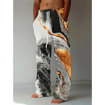Men's Stylish Loose Pants Marble Graphic Print With Drawstring And Pockets For Spring Fall Outdoor Casual Pants